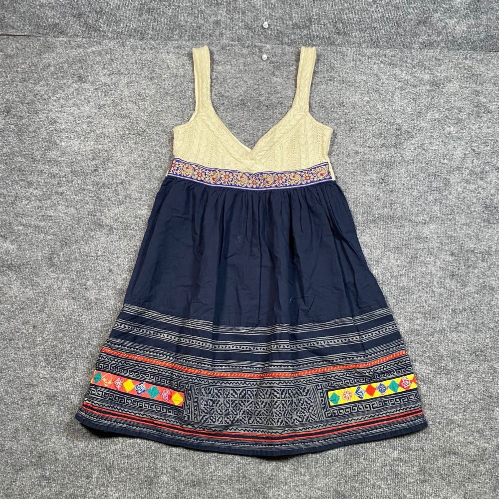 Free People Navy Blue Cream Cable Knit Mixed Media Embroidered Mini Dress 6